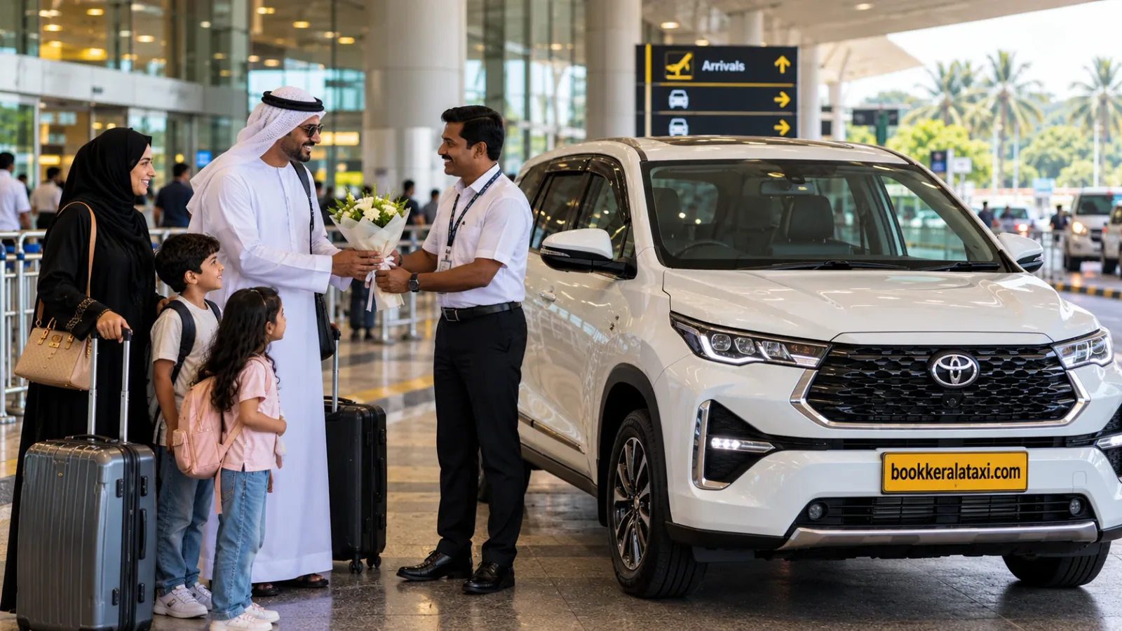 Book Kerala Taxi chauffeur welcoming a Gulf family with flowers beside a branded Toyota Innova Hycross at airport arrivals