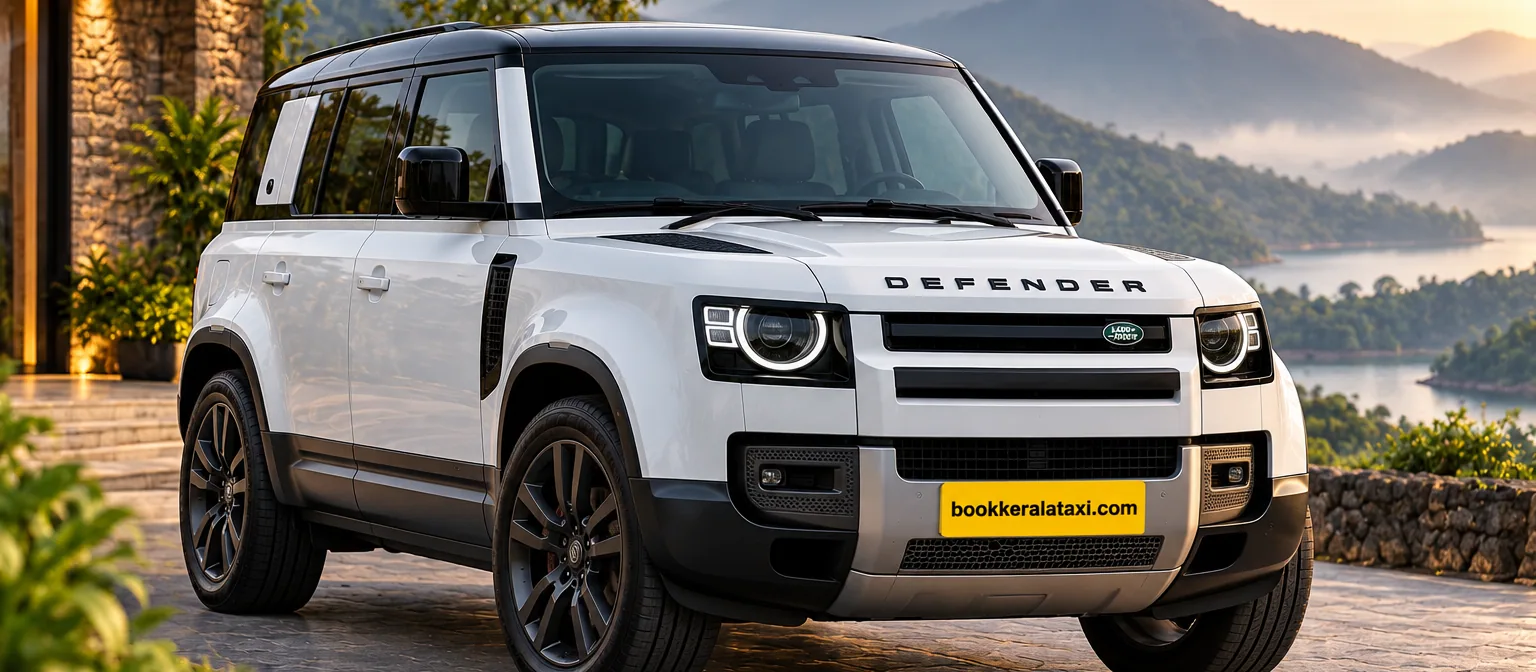 Land Rover Defender from the Book Kerala Taxi luxury fleet at a hillside villa