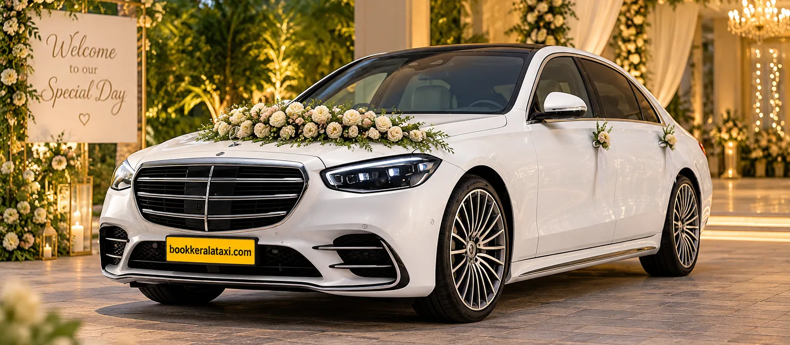 Decorated wedding car outside a Kerala venue at dusk