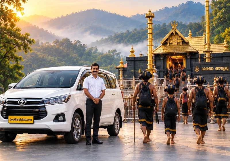 Chauffeur and Innova Crysta at the Sabarimala temple with pilgrims walking up the steps